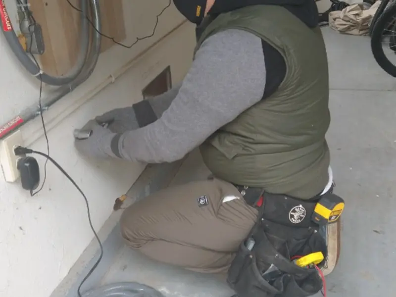 Electrician performing outlet wiring in a Milwaukie garage